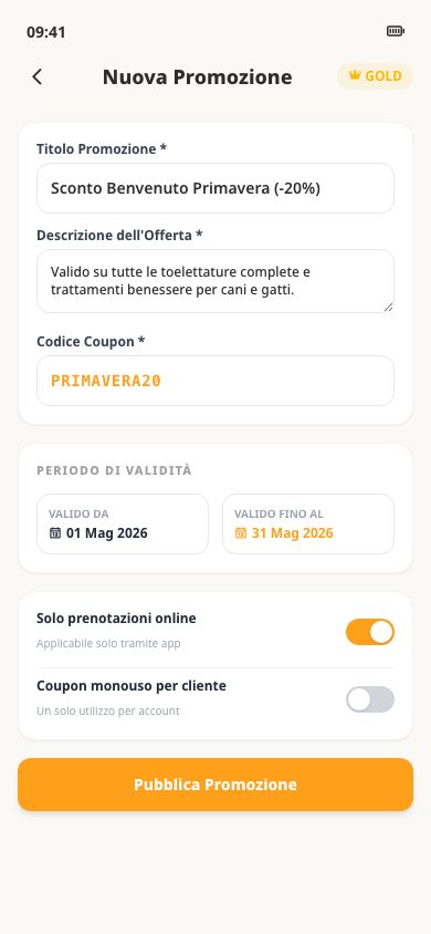 Schermata di creazione coupon e promozione nell'app