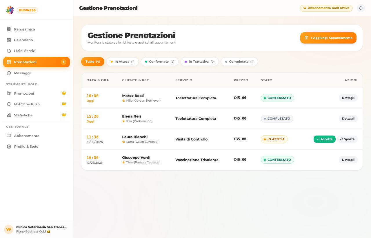 Tabella gestione prenotazioni con filtri nel gestionale web